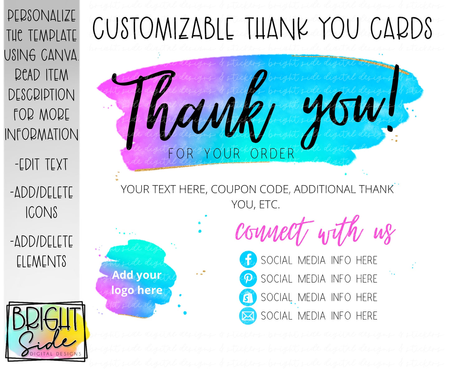 Pink/Blue Watercolor Thank You Card