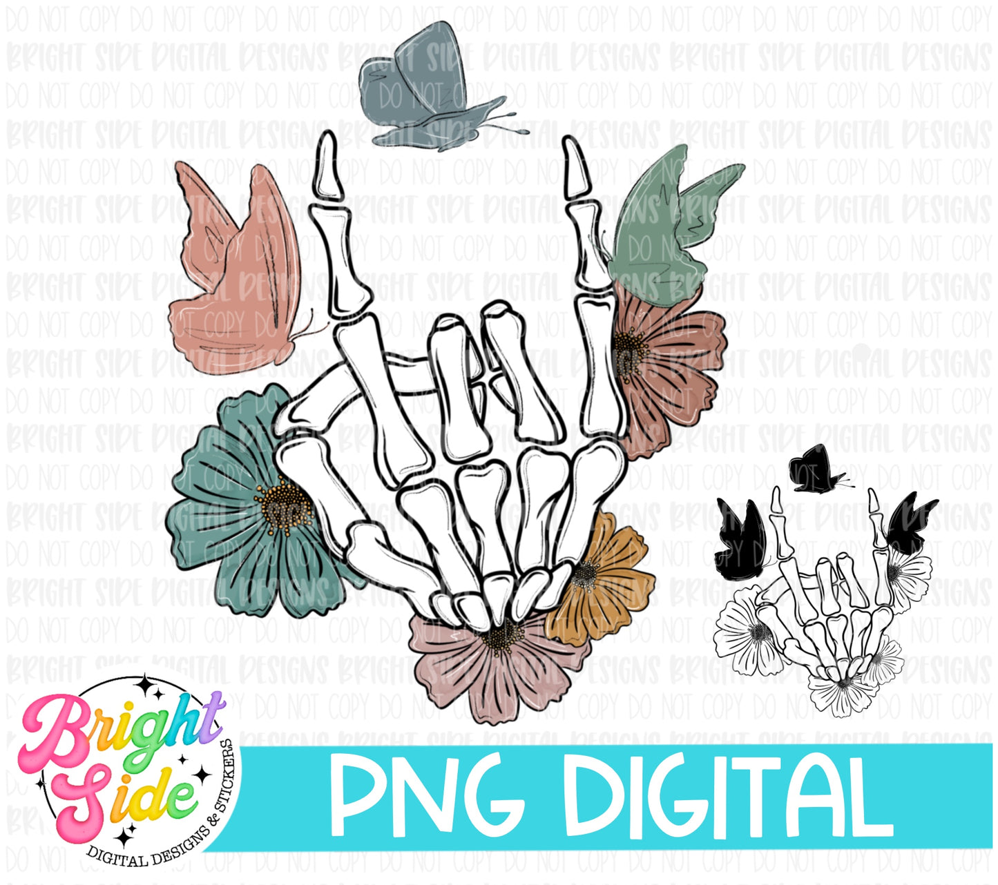 Floral Skeleton Hand and Butterflies