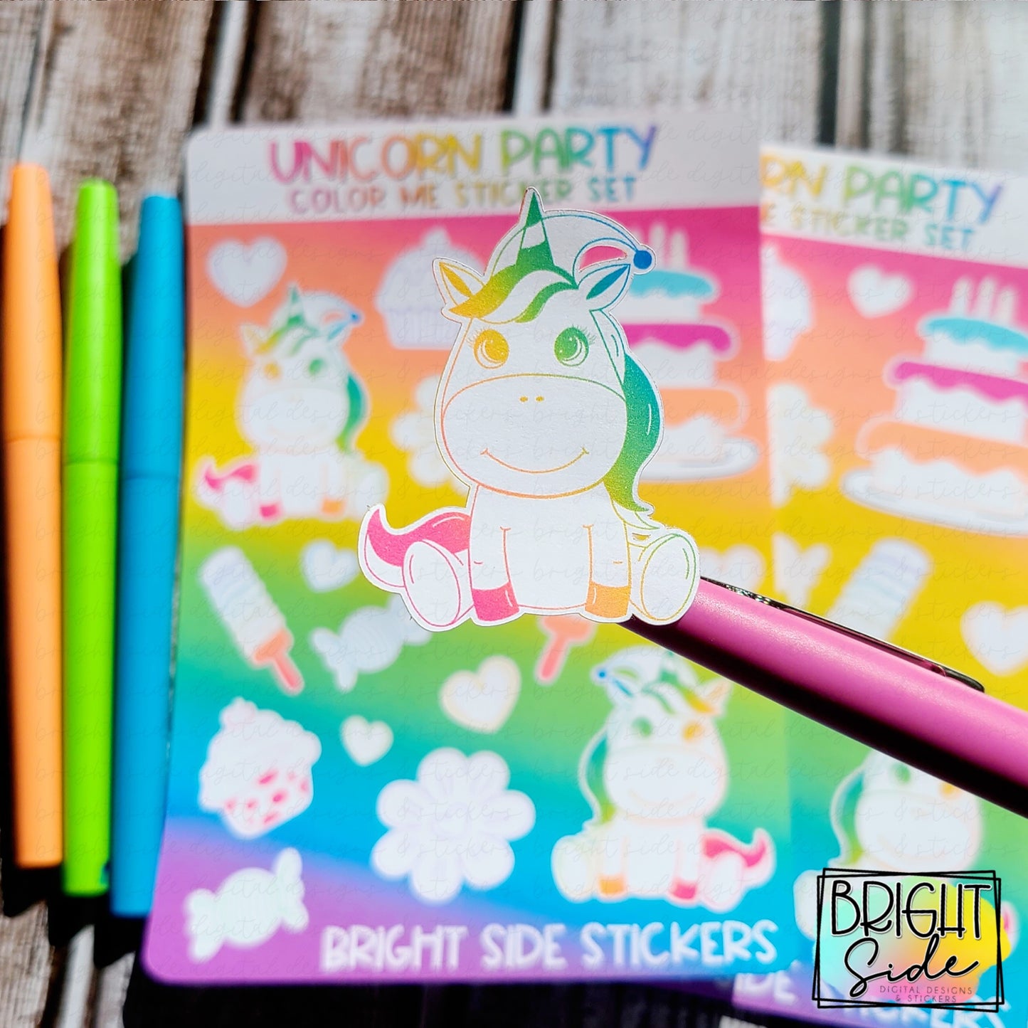 Unicorn Party color me sticker set