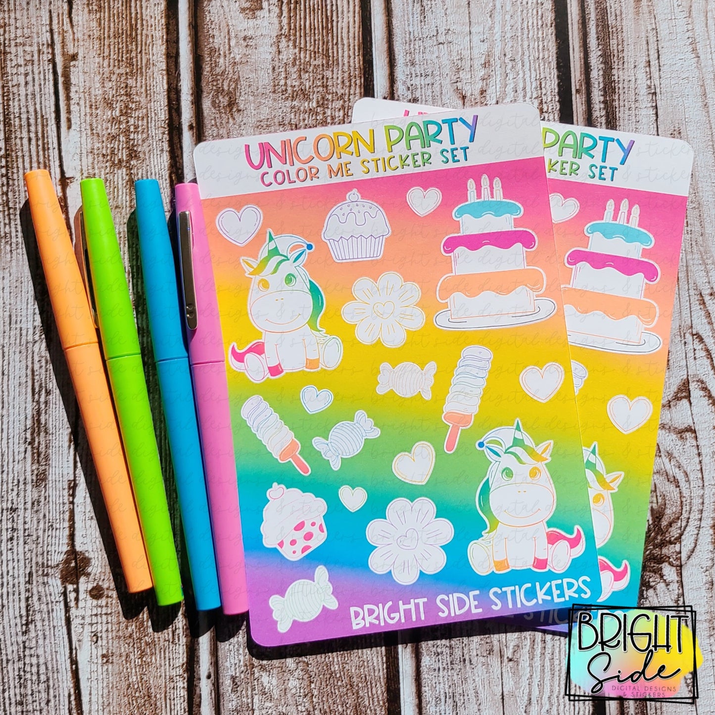 Unicorn Party color me sticker set