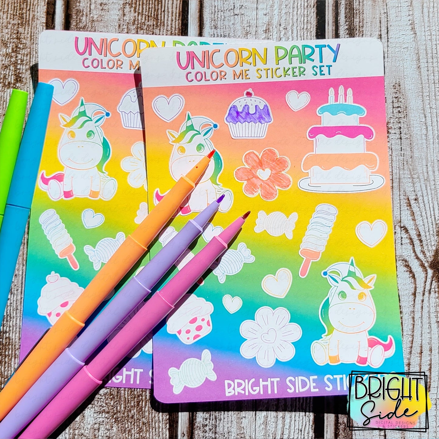 Unicorn Party color me sticker set