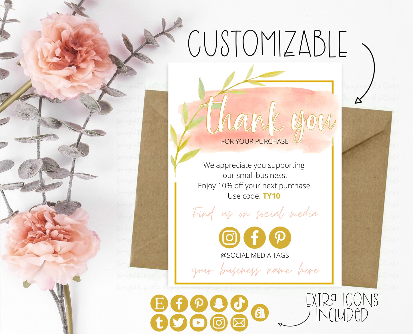 Pink & Gold floral Thank You Card (vertical)