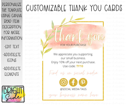 Pink & Gold floral Thank You Card (vertical)