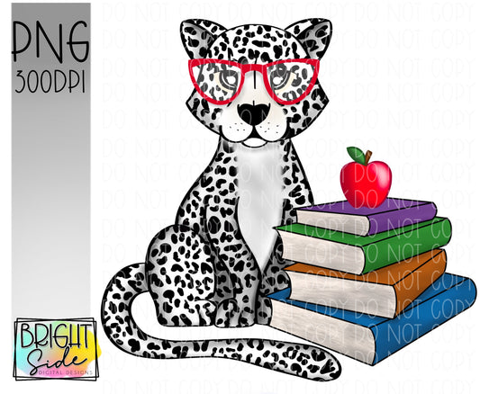 School Snow Leopard with book stack