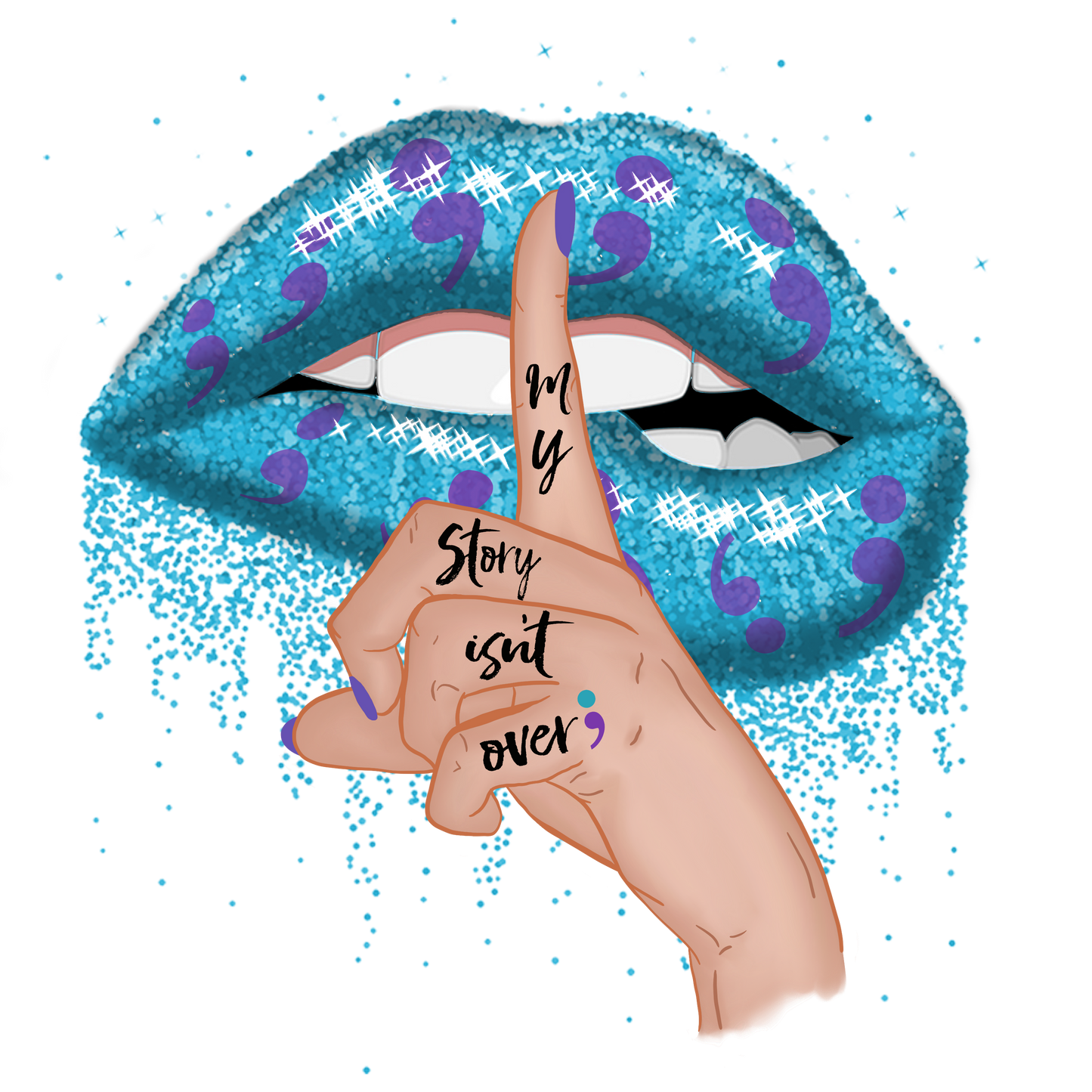 My Story Isn’t Over Suicide Awareness glitter lips w/hand